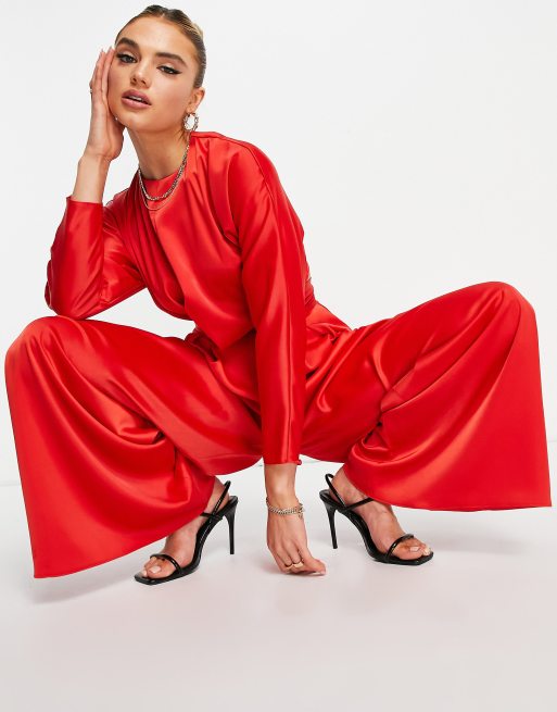 ASOS DESIGN Co ord tie wrap front top with long sleeves and wide leg trouser wit