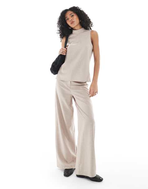 ASOS DESIGN wide leg co-ord trouser in beige