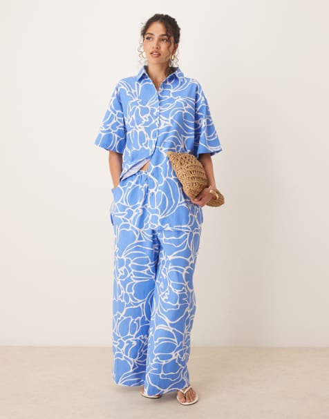 ASOS DESIGN wide leg pants in blue abstract print (part of a set) - view 1