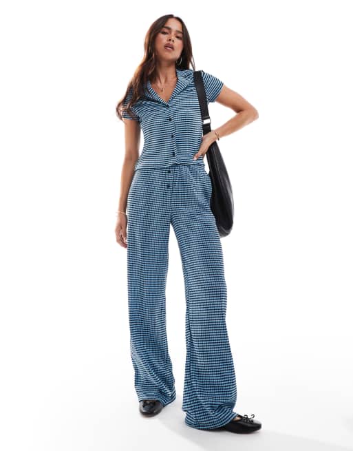 ASOS DESIGN wide leg pants in blue and black gingham (part of a set)