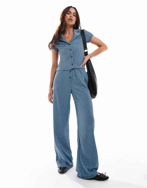 ASOS DESIGN wide leg pants in blue and black gingham - part of a set - view 1