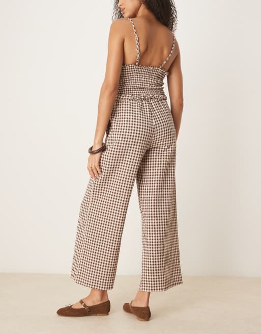 ASOS DESIGN wide leg pants in brown gingham