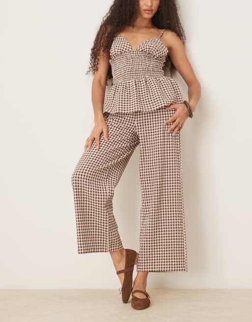 ASOS DESIGN wide leg pants in brown gingham