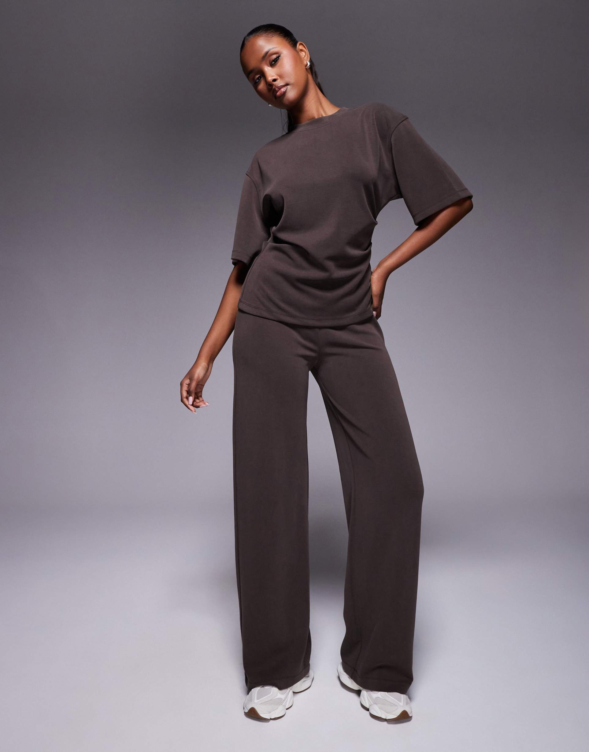 asos design wide leg pants in brown - part of a set