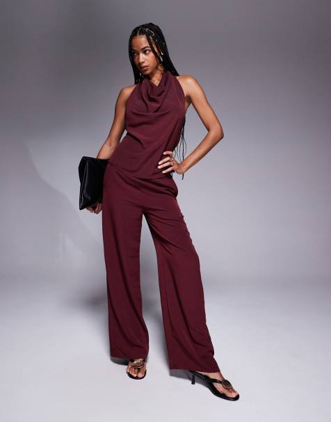 ASOS DESIGN wide leg pants in burgundy - part of a set - view 1