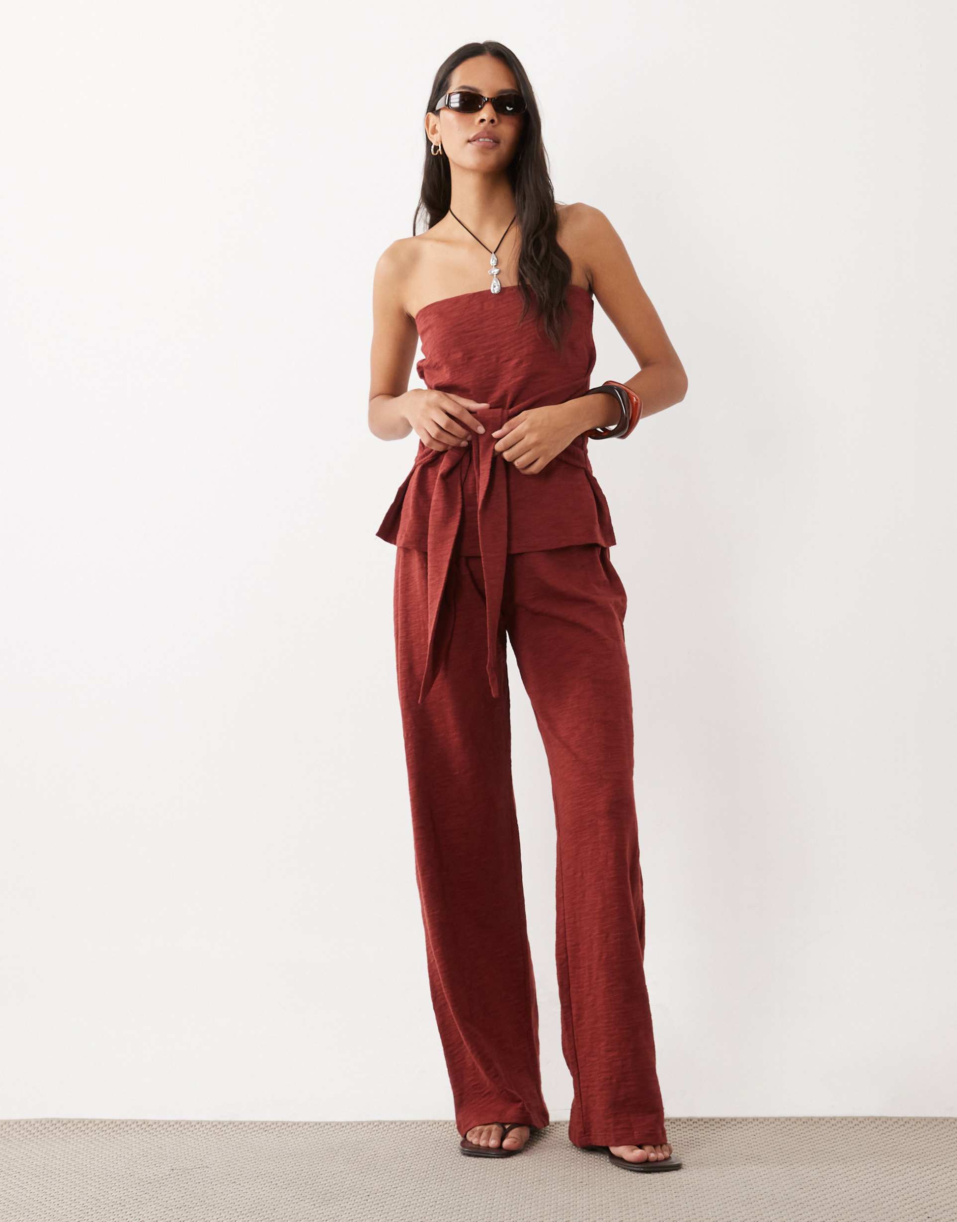 asos design wide leg pants in burgundy - part of a set