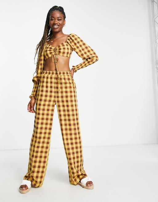 High waisted yellow plaid cheap pants