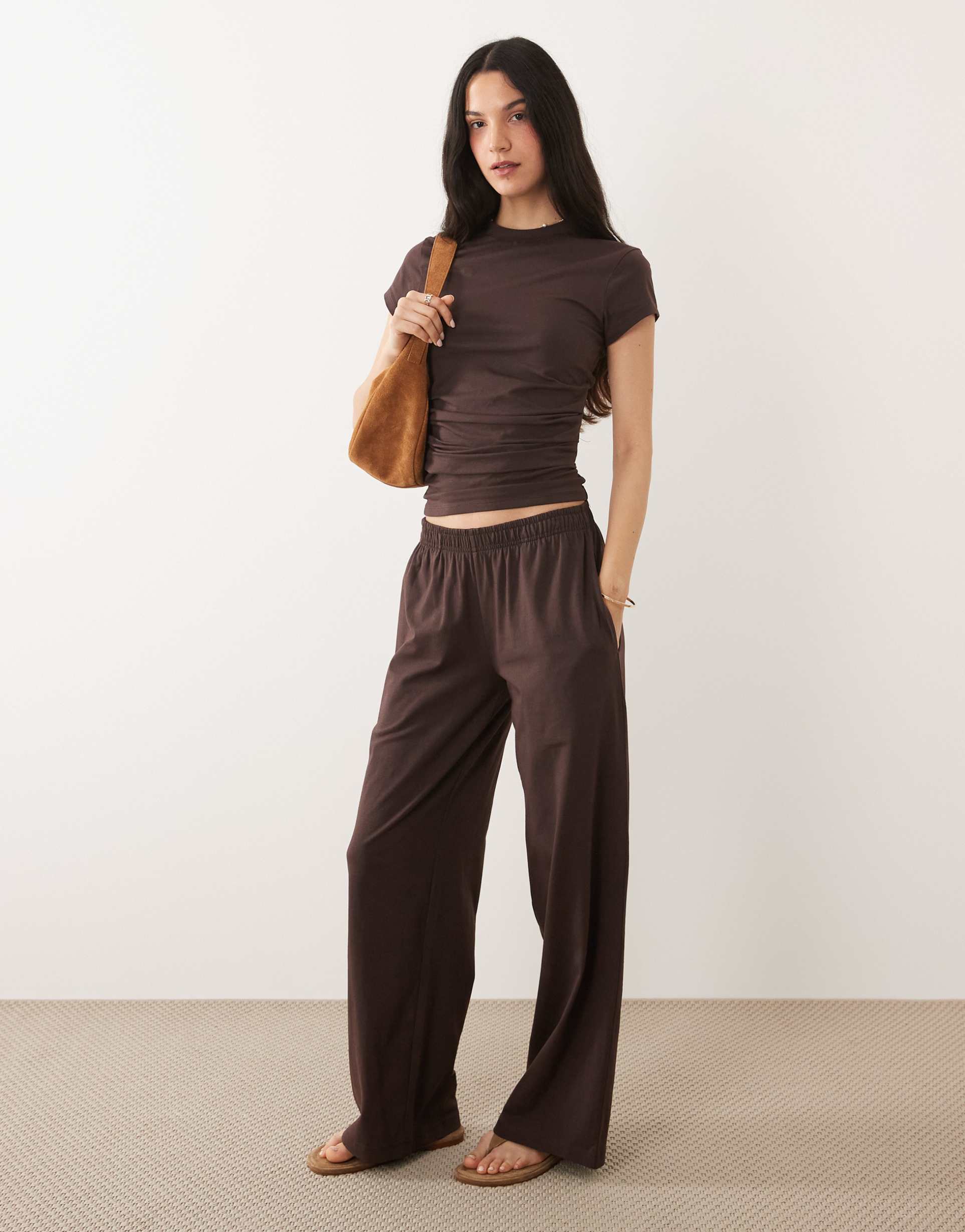asos design wide leg pants in chocolate - part of a set
