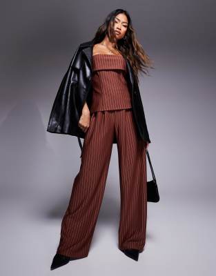 Asos Design Wide Leg Pants In Chocolate Pin Stripe - Part Of A Set-multi