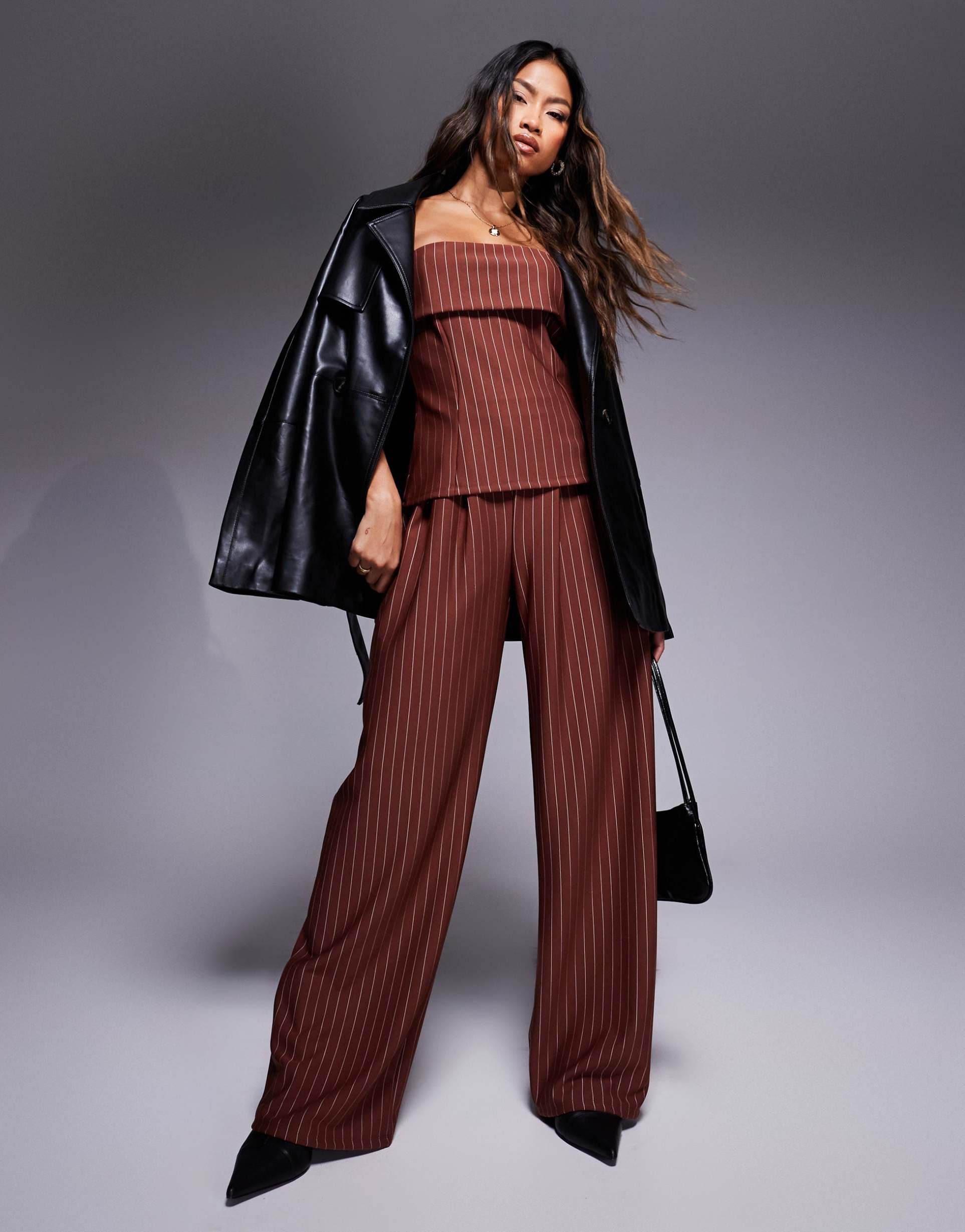 asos design wide leg pants in chocolate pin stripe - part of a set