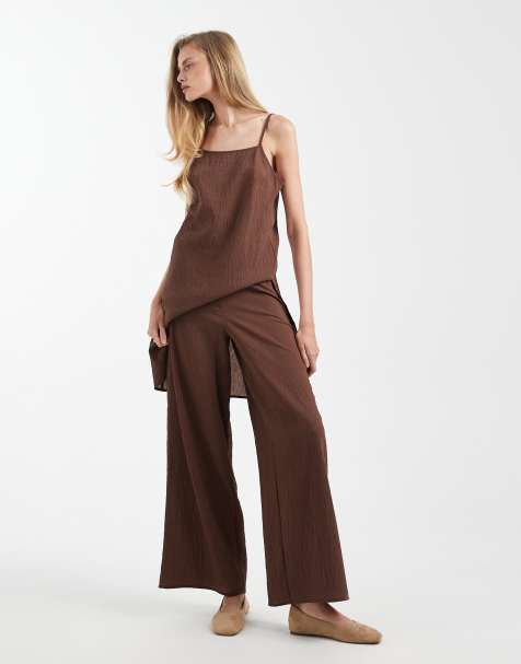 ASOS DESIGN wide leg pants in crinkle in chocolate - part of a set - view 1