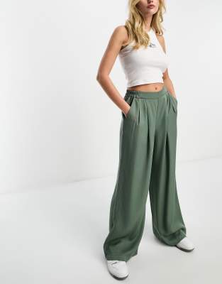 Asos Design Wide Leg Pants In Dark Green In Green