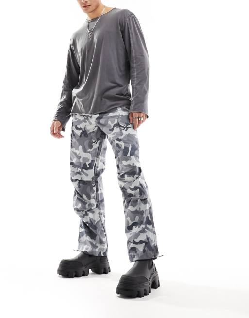 ASOS DESIGN wide leg pants in gray camo print