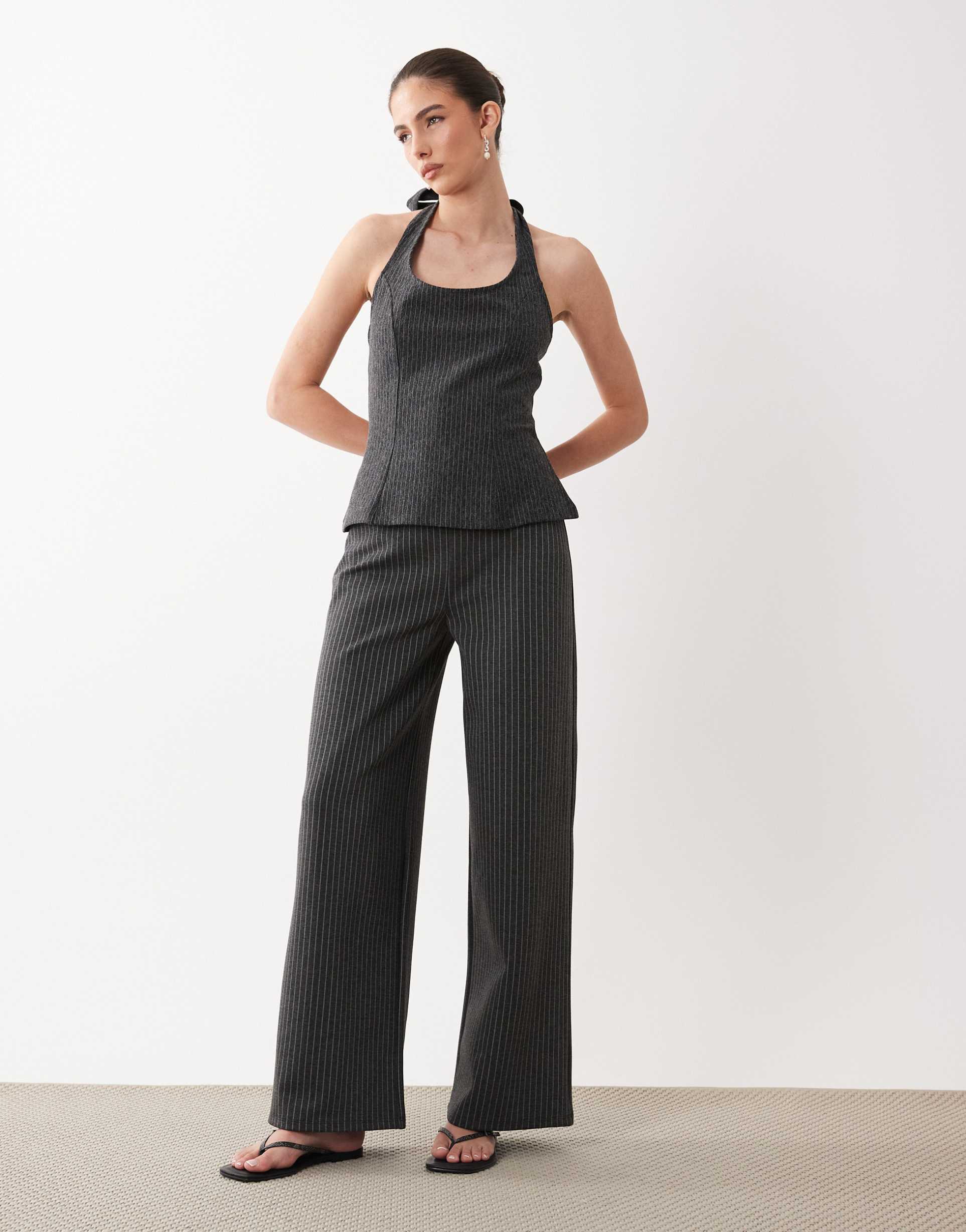 asos design wide leg pants in gray pinstripe - part of a set