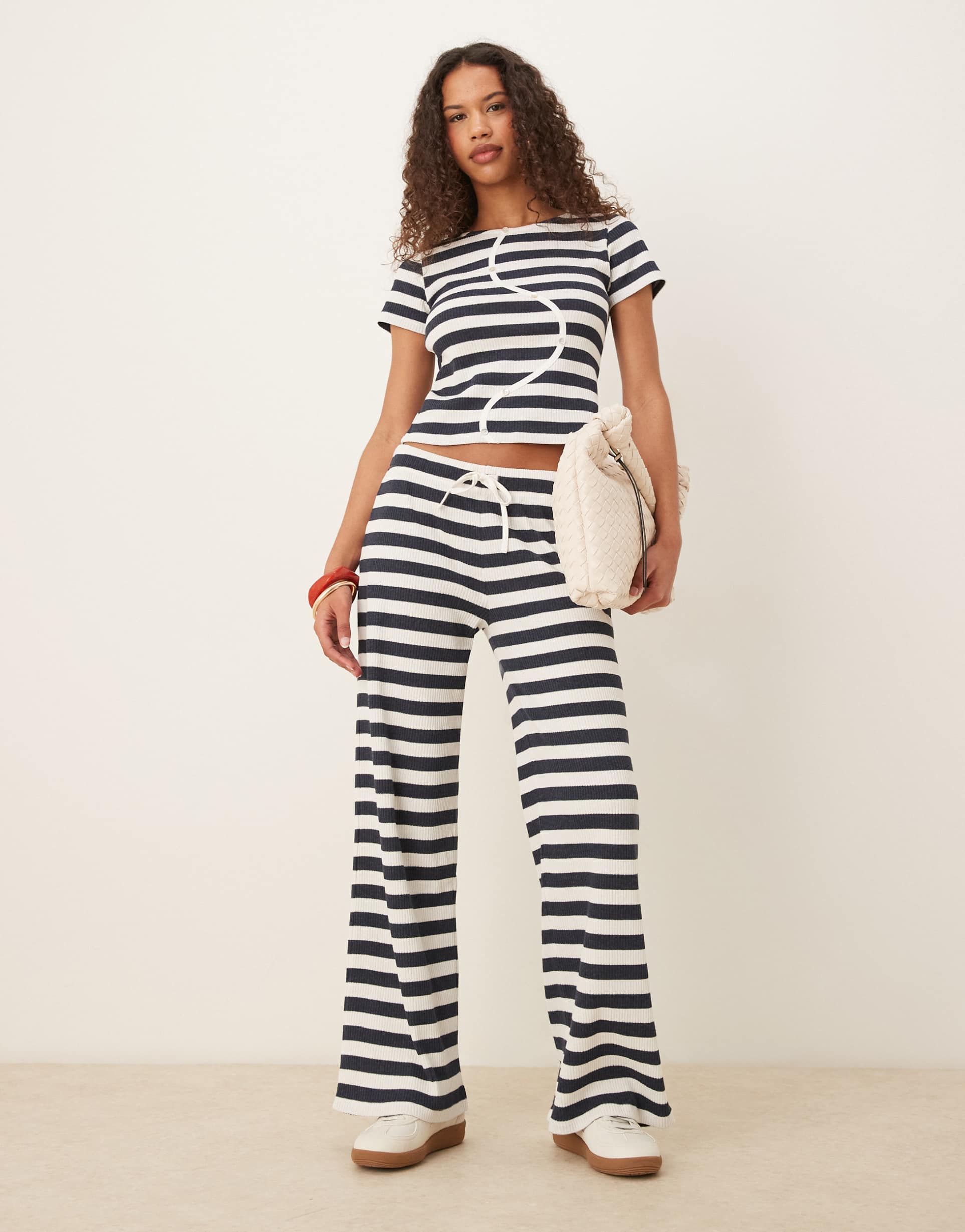 asos design wide leg pants in in navy and white stripe - part of a set