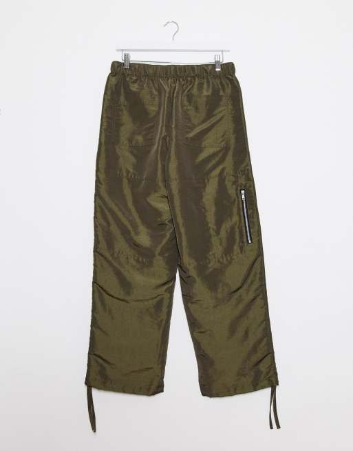 ASOS DESIGN wide leg pants in khaki nylon with webbed belt, 2 of 4