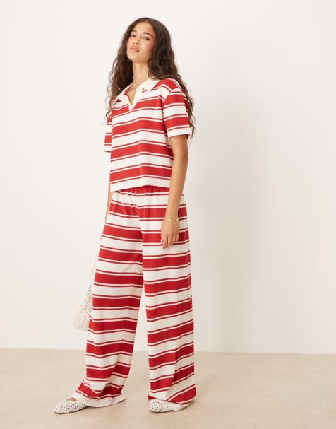 ASOS DESIGN wide leg pants in knit red stripe (part of a set) - view 1