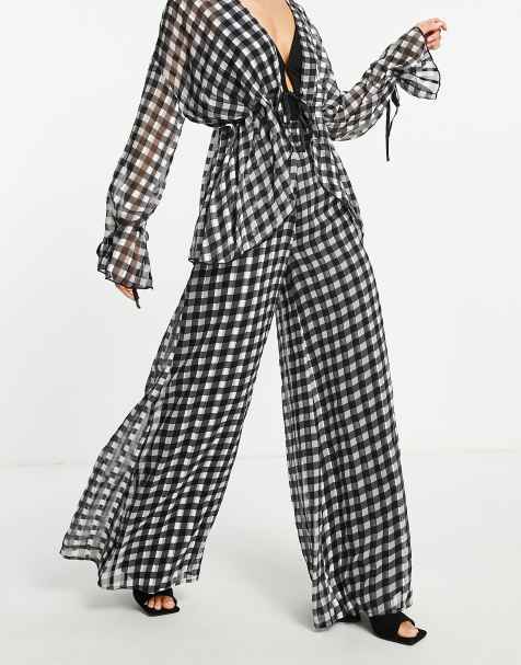 ASOS DESIGN wide leg pants in mono check print (part of a set) - view 1