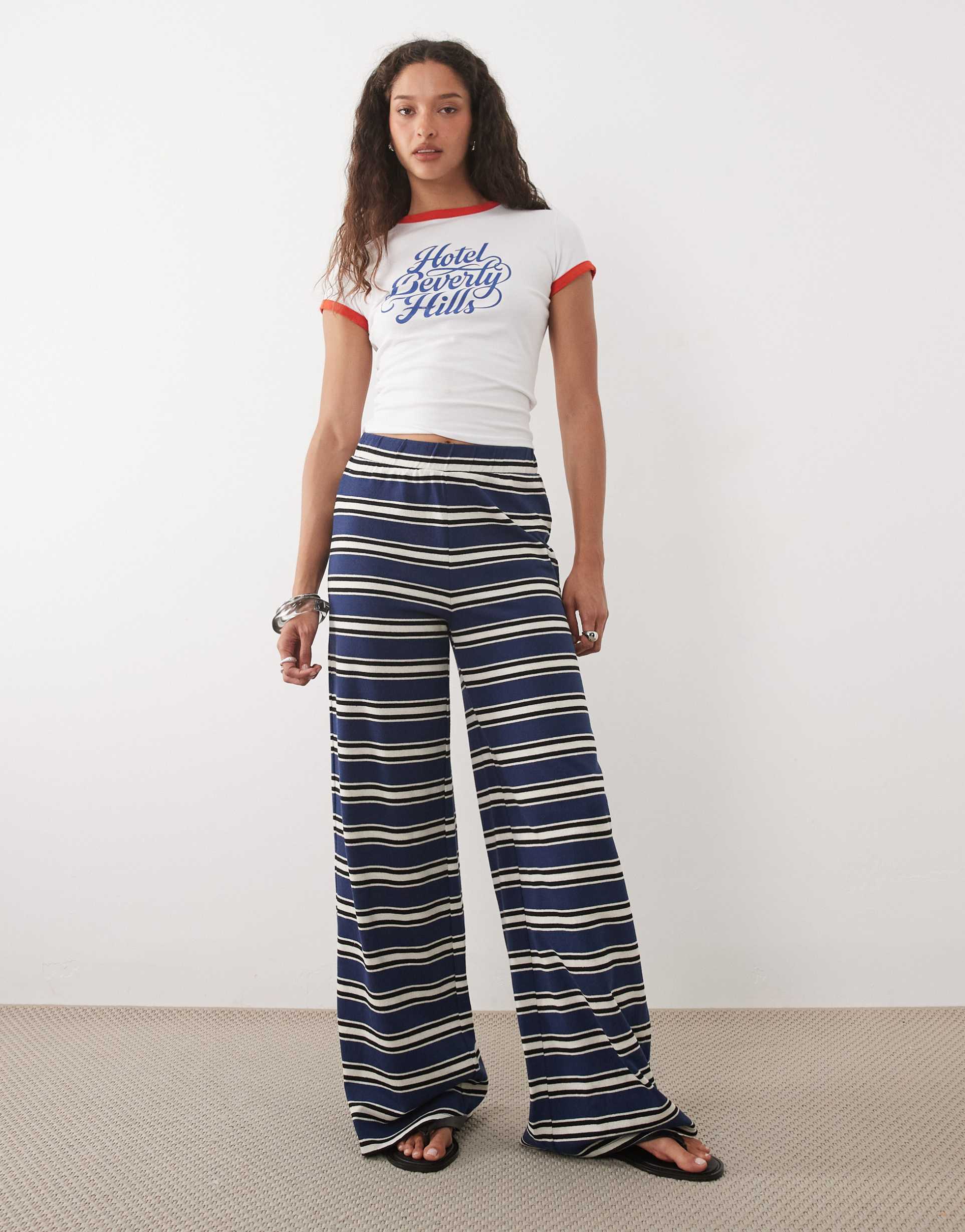 asos design wide leg pants in navy and cream stripes - part of a set