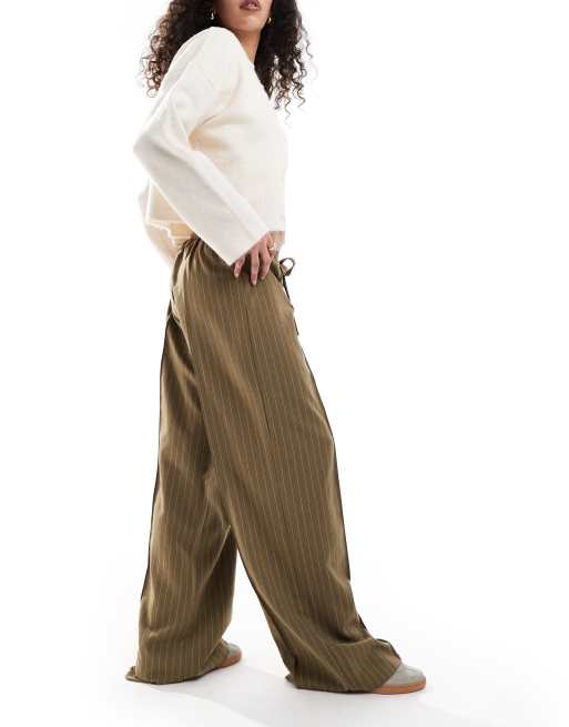ASOS DESIGN Wide leg pant in olive green pinstripe