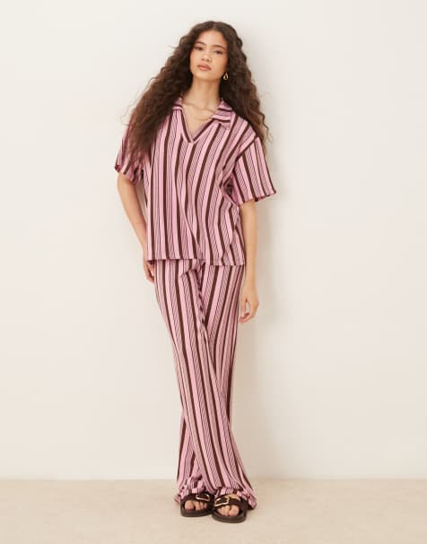 ASOS DESIGN wide leg pants in pink and choc stripe - part of a set - view 1
