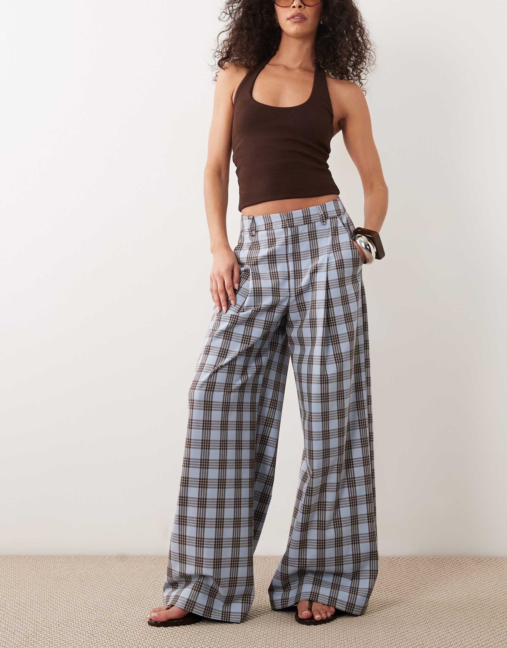 asos design wide leg pants in plaid