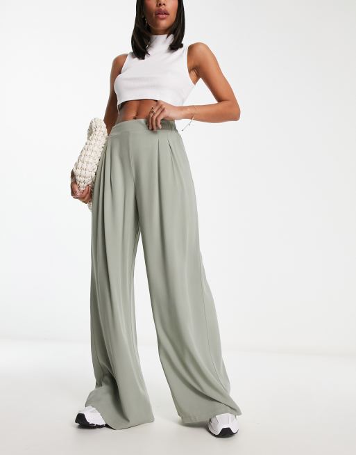 Wide-leg Twill Pants - Sage green - Ladies