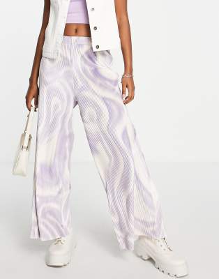 Asos Design Wide Leg Pants In Velour Plisse In Lilac Swirl Print-multi