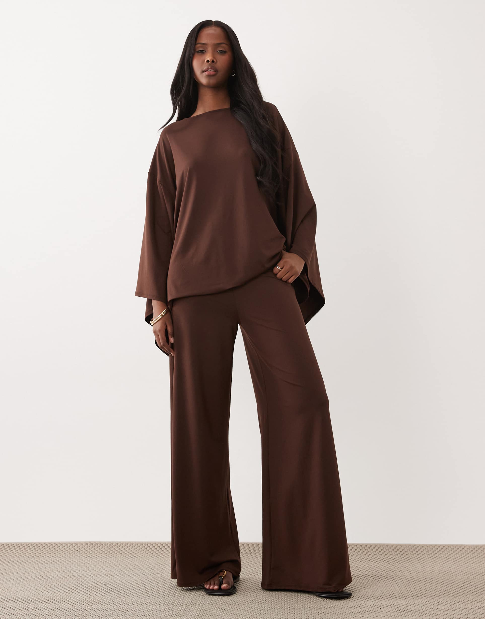 asos design wide leg pants set in brown