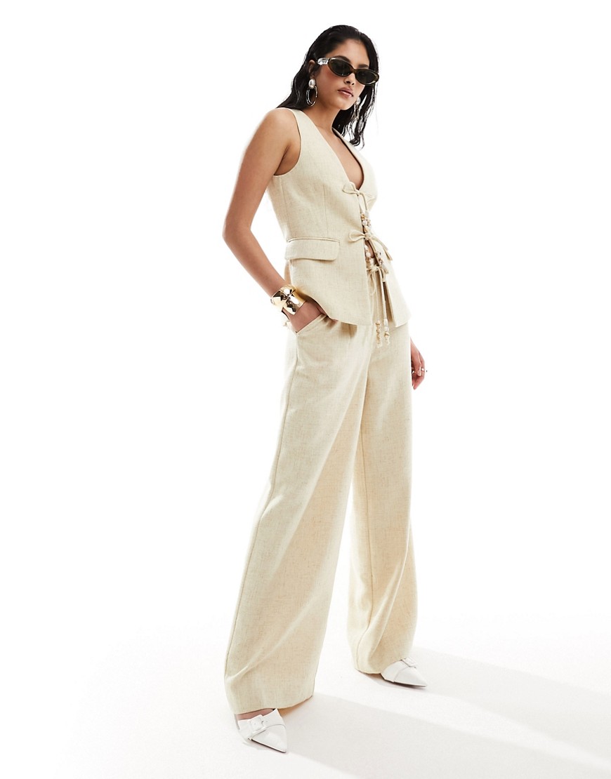 Asos Design Wide Leg Pants With Beaded Tie Detail In Textured Cream-neutral