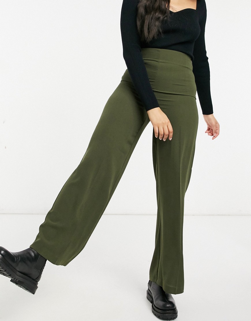ASOS DESIGN wide leg pants with clean high waist in khaki-Green