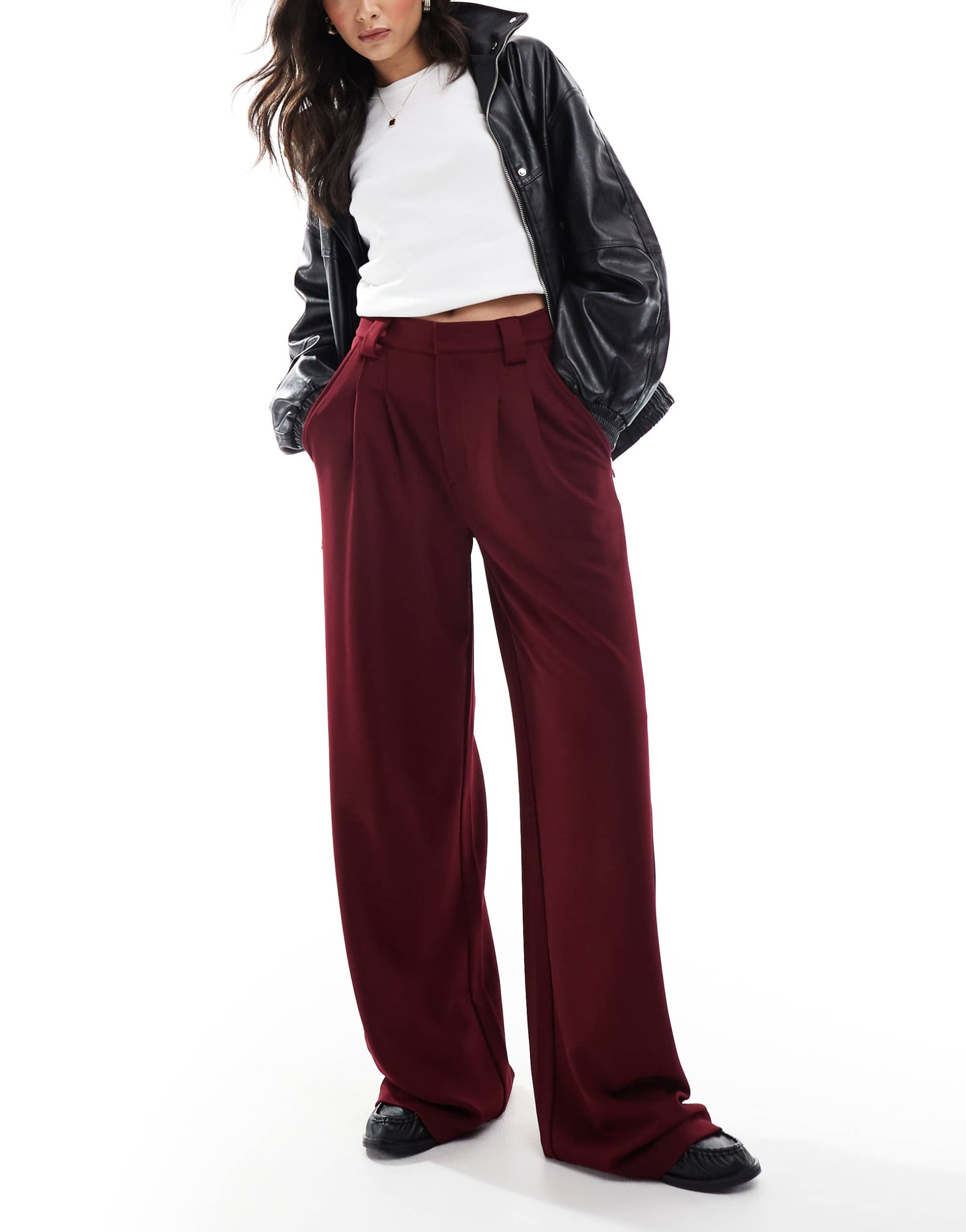 asos design wide leg pants with contrast panel in burgundy