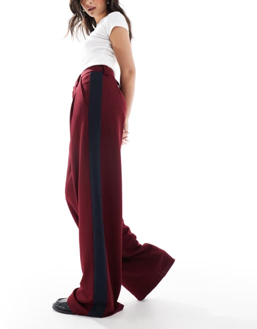 ASOS DESIGN wide leg pants with contrast panel in burgundy, 2 of 5