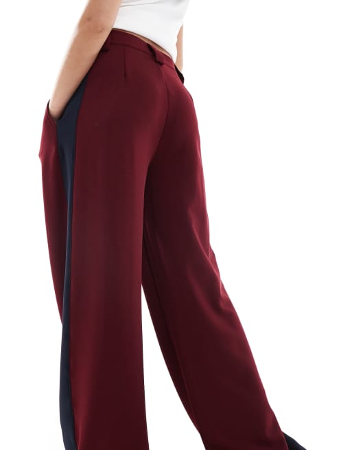 ASOS DESIGN wide leg pants with contrast panel in burgundy, 4 of 5