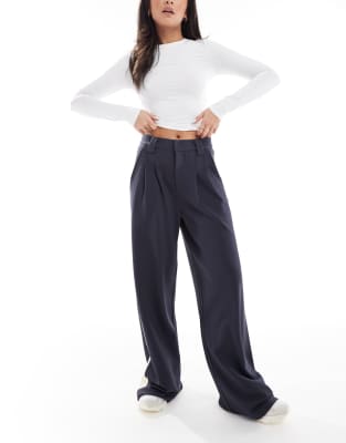 Asos Design Wide Leg Pants With Contrast Panel In Navy