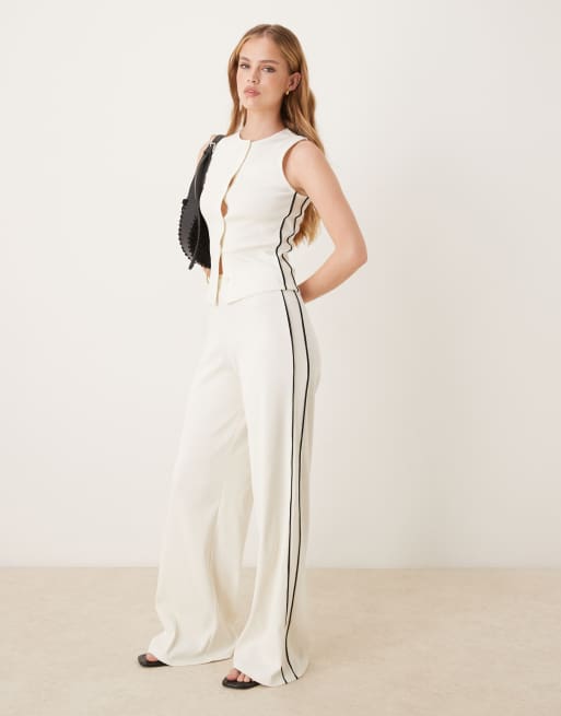 ASOS DESIGN wide leg pants with contrast piping in cream - part of a set