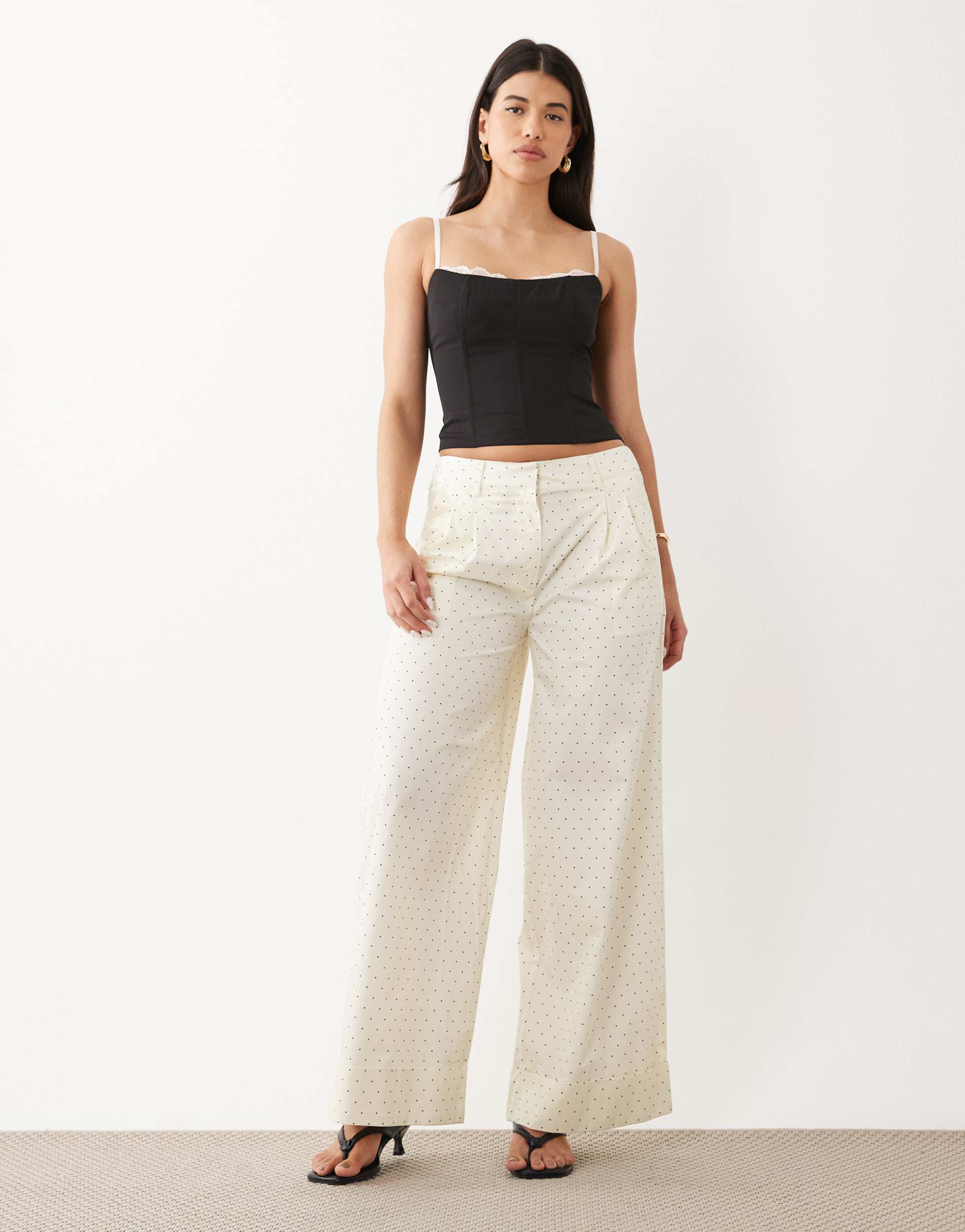 asos design wide leg pants with cuffs in yellow polka dots - part of a set