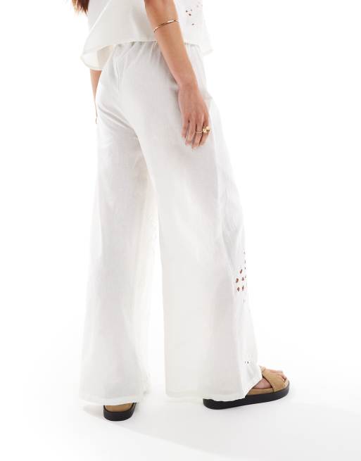 ASOS DESIGN wide leg pants with cutwork in cream - part of a set 
