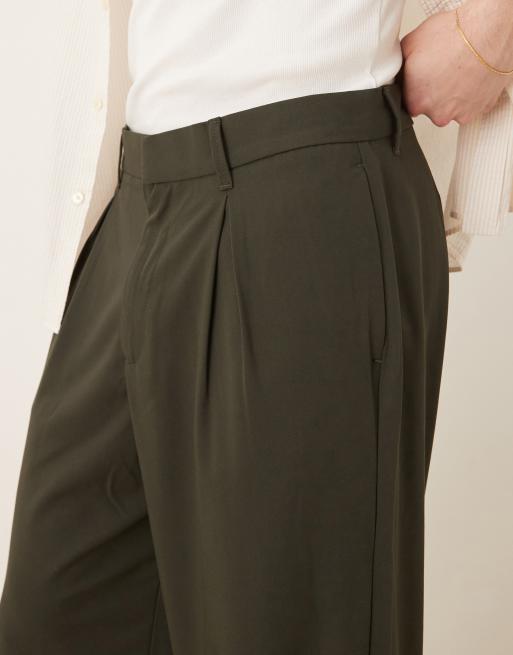 ASOS DESIGN wide leg pants with deep pleat in khaki