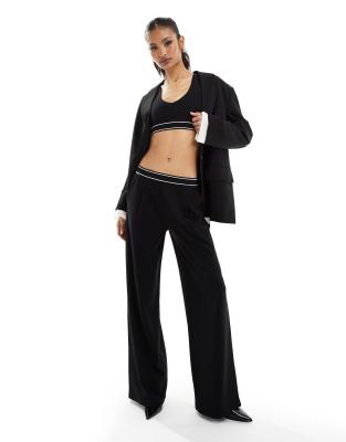 Asos Design Wide Leg Pants With Elastic Waist Trim In Black - Part Of A Set