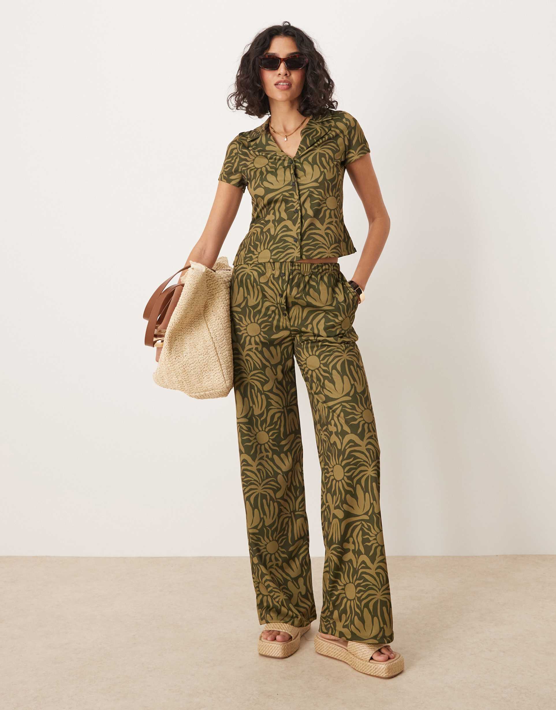 asos design wide leg pants with floral print in khaki - part of a set