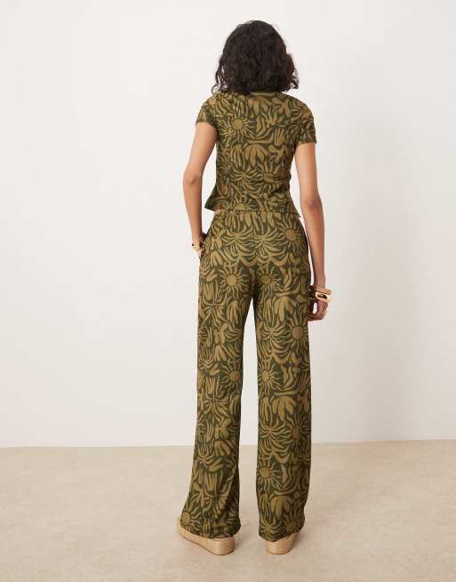 ASOS DESIGN wide leg pants with floral print in khaki - part of a set, 4 of 5