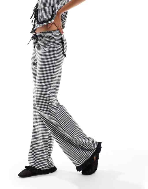 ASOS DESIGN wide leg pants with frill pocket in black gingham, 2 of 5