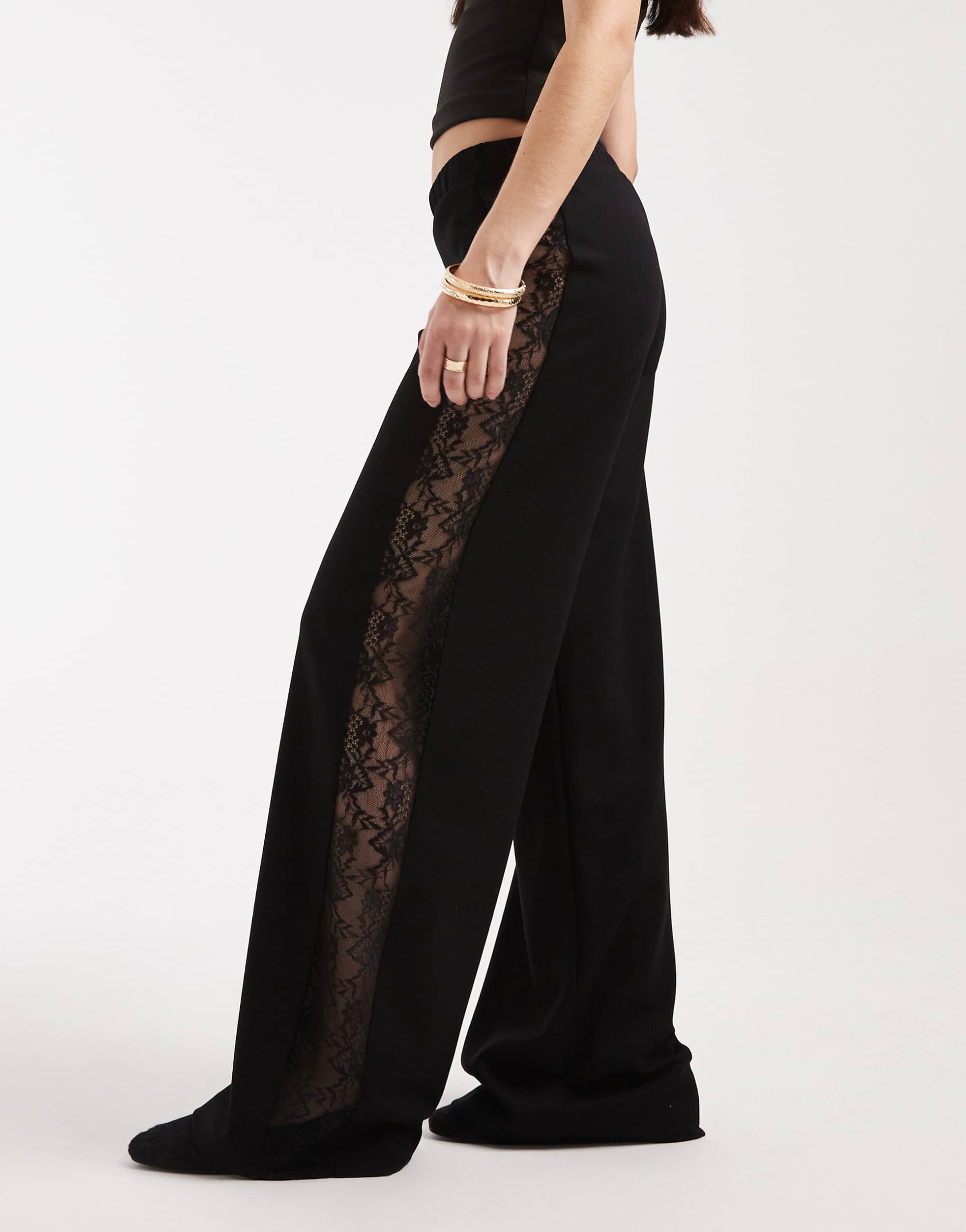asos design wide leg pants with lace panel in brown