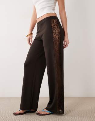 Asos Design Wide Leg Pants With Lace Panel In Brown