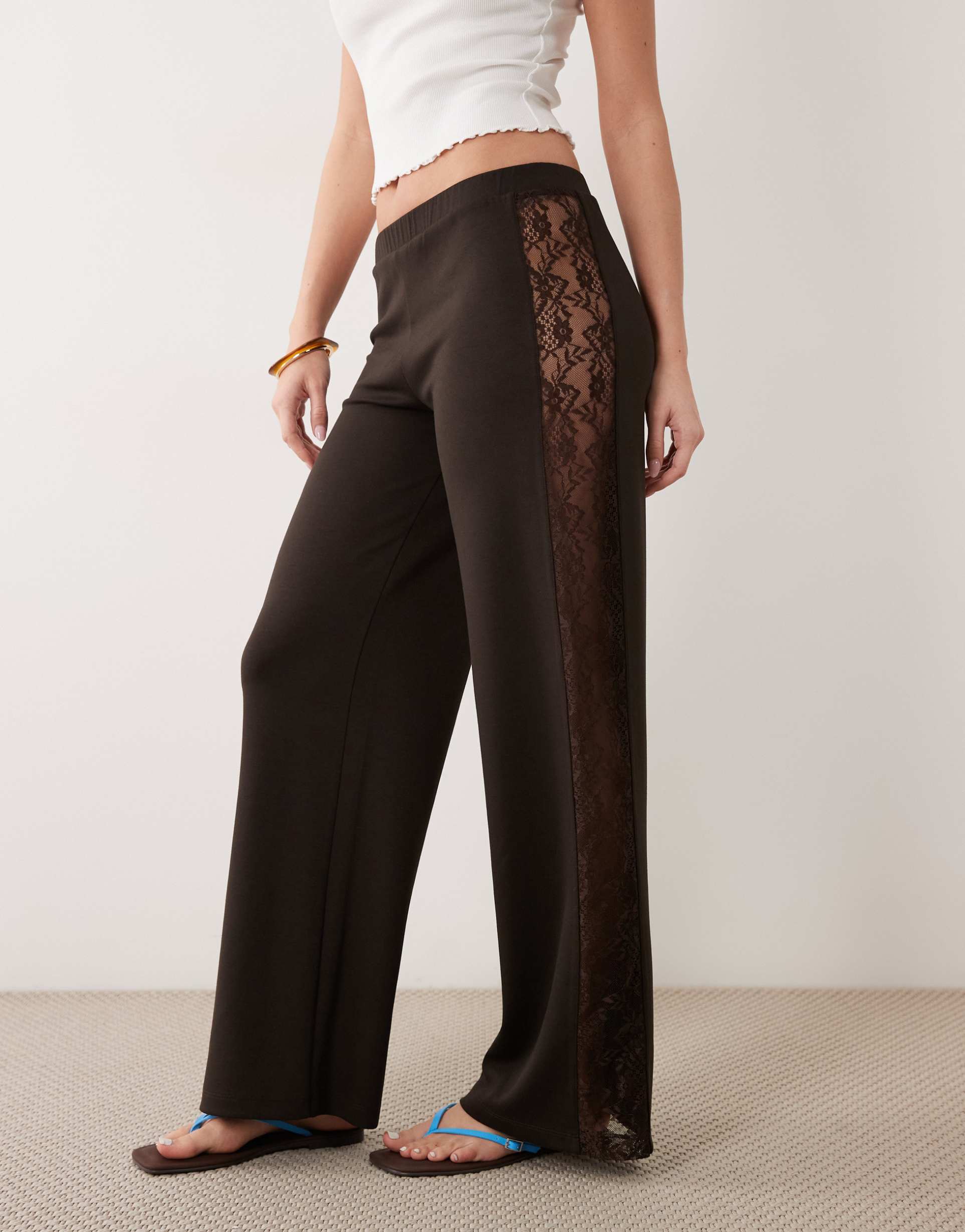 asos design wide leg pants with lace panel in brown