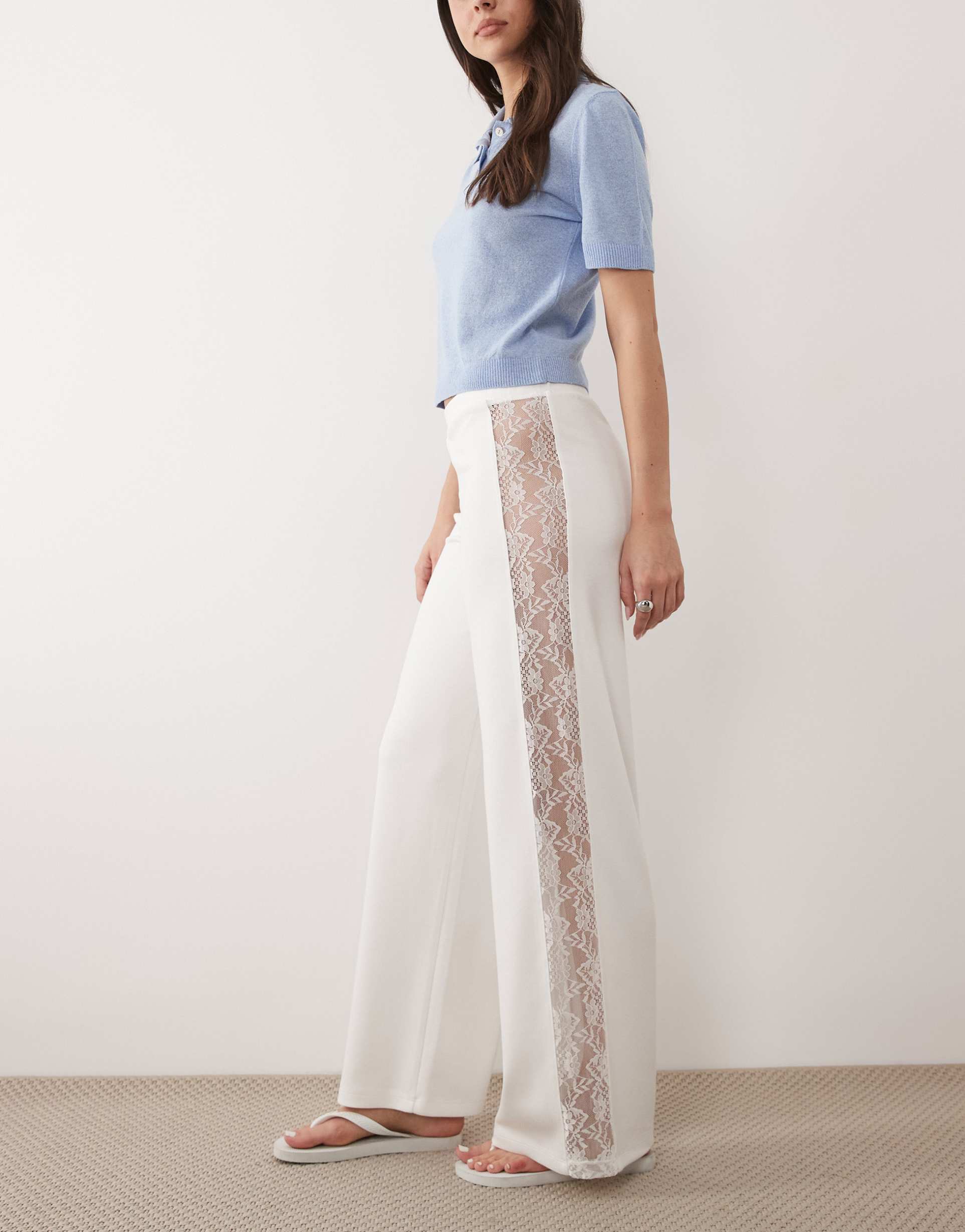 asos design wide leg pants with lace panel in cream