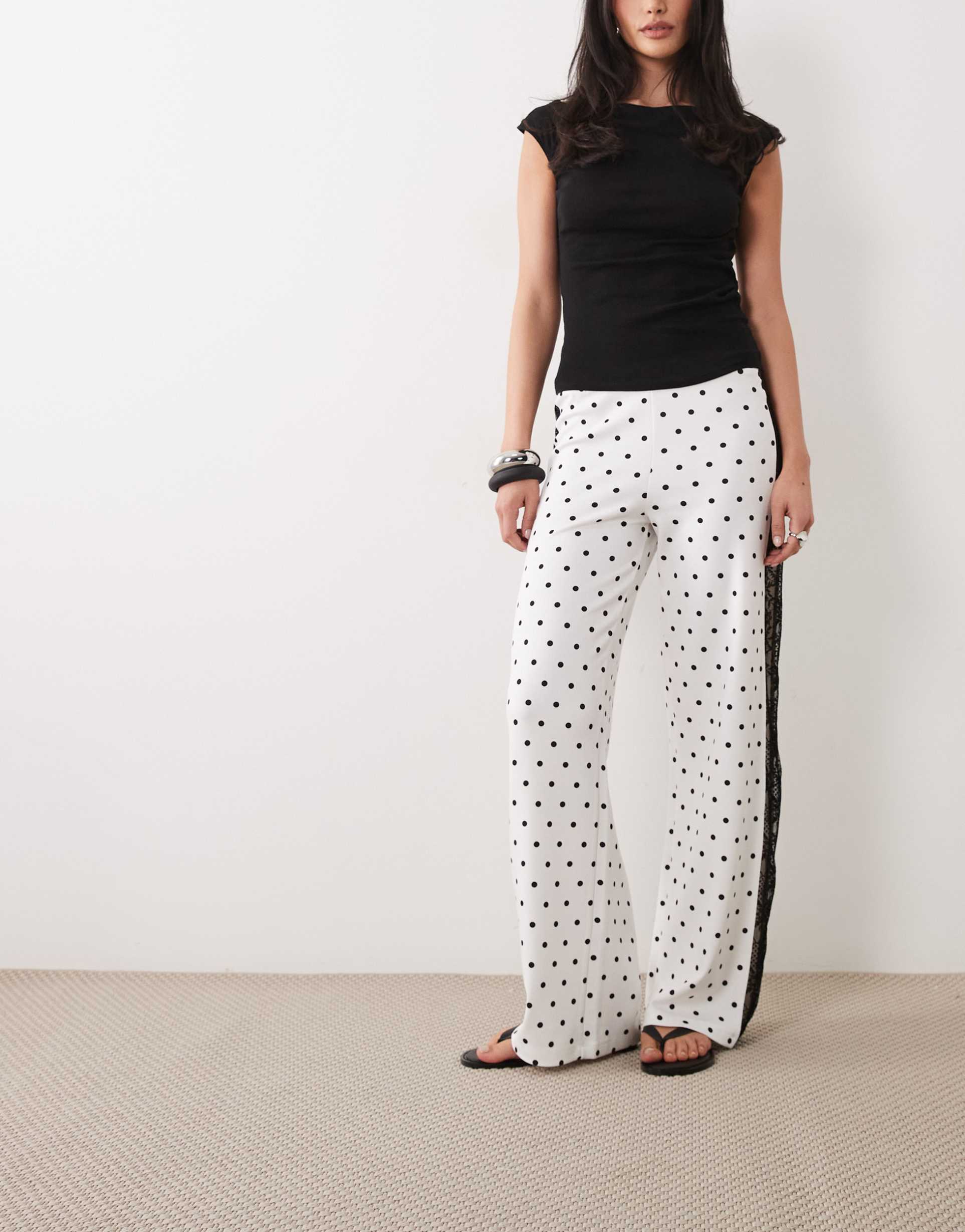 asos design wide leg pants with lace side panel in polka dot print