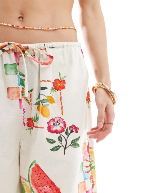ASOS DESIGN wide leg pants with linen in postcard print - part of a set, 3 of 5
