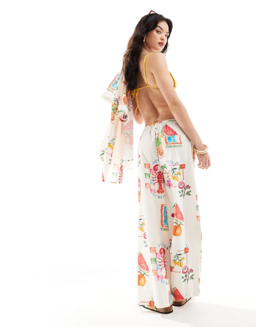 ASOS DESIGN wide leg pants with linen in postcard print - part of a set, 4 of 5